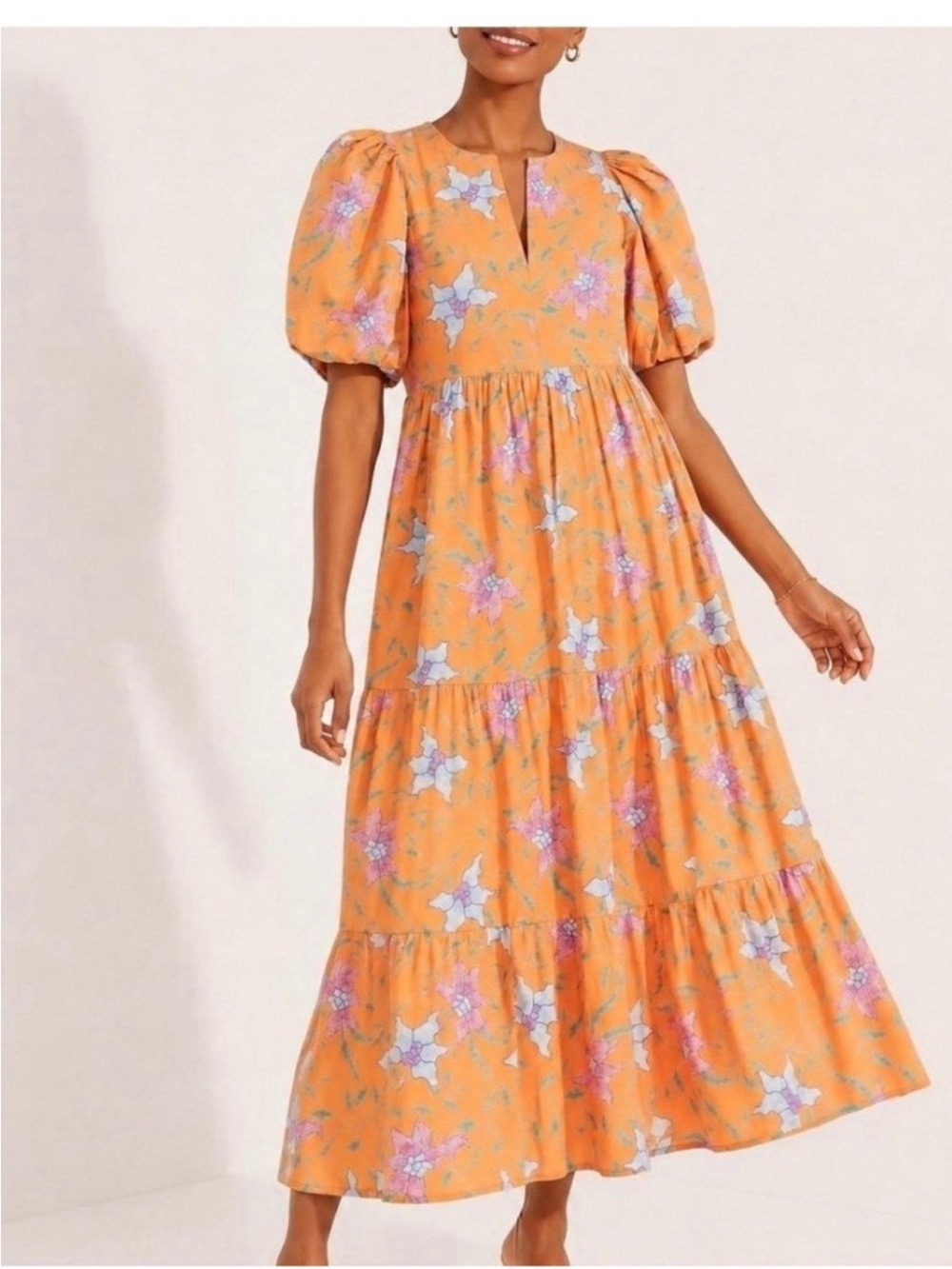 Hyacinth House Puff-Sleeve Tiered Maxi Dress in Orange Floral